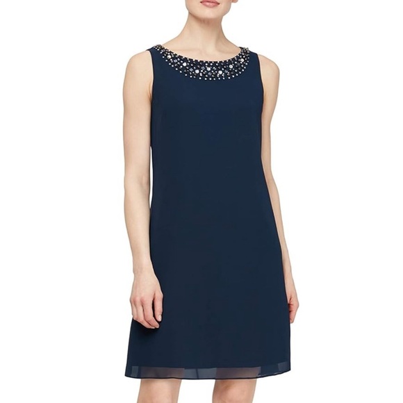 Women’s Formal Dress Sz 14 Navy Chiffon Beaded Long Sleeve 2-Pc Jacket Dress NWT - Picture 5 of 5